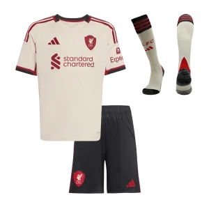 Liverpool Infantil Fora Futebol Camisa Conjunto (Camisa + Calção + Meias) 2025/26 Branco
